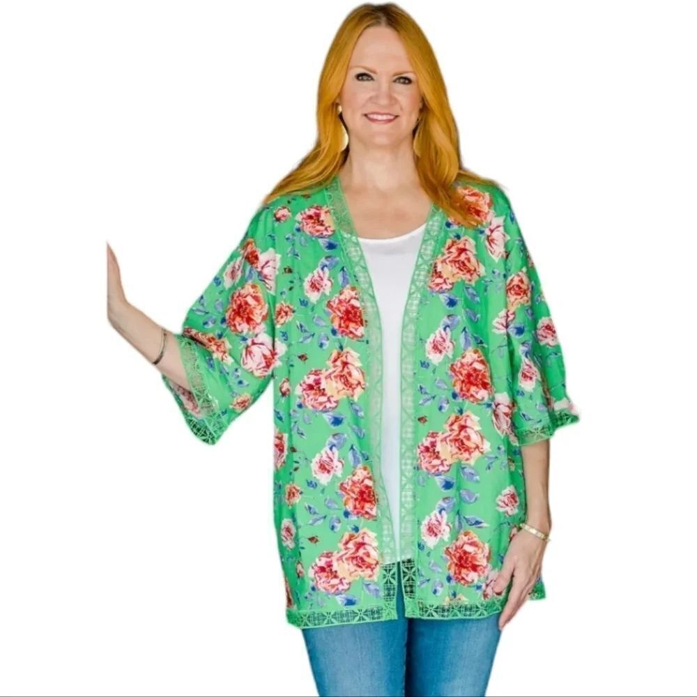 The Pioneer Woman Green Apple Floral Duster Kimono Crochet Trim Size Large XL